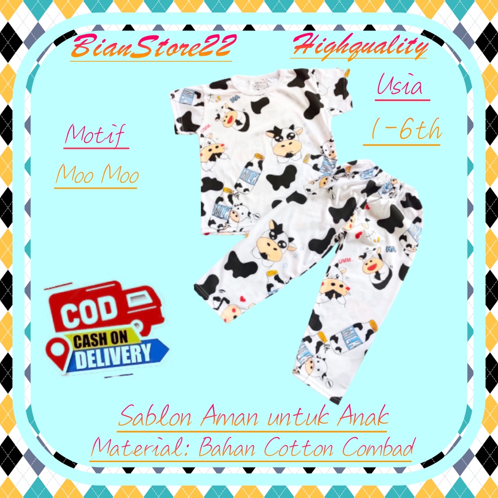 Setelan Kaos Anak Laki-Laki Murah Stelan Kaos Tidur Anak Perempuan MOO-MOO Usia 1-6th