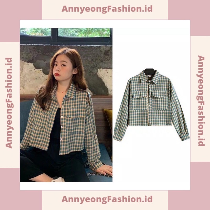 Kemeja Wanita Gaya Korea Crop Katun Kotak Lengan Panjang Hijau Orange Fit to XL | Mimi Shirt