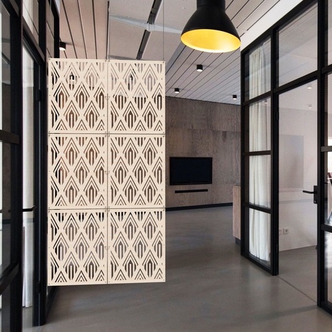 Sekat Pembatas Ruangan Gantung Kayu | Partisi Tirai Kayu Laser Cut