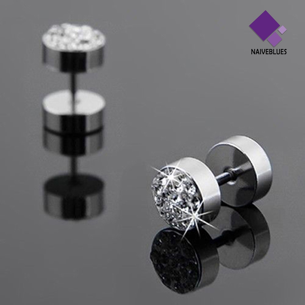 Anting Stud Pria Bentuk Barbel Bahan Stainless Steel Anti Korosi Aksen Berlian Imitasi Untuk Pesta