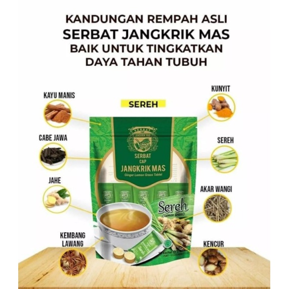 

Serbat jangkrik mas lemon grass wedang sereh herbal ginger 10x2 tablet