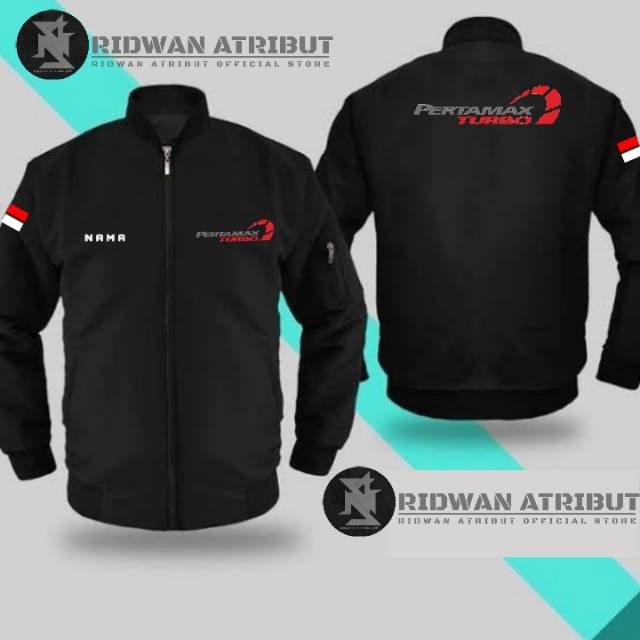 Jaket bomber pertamina/pertamax turbo .bahan taslan anti gerimis (full black)