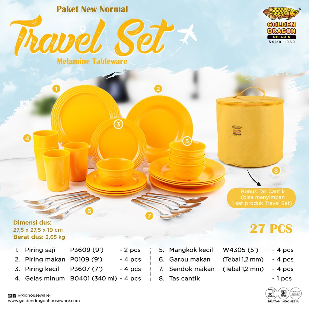 Melamin Set Golden Dragon 27 pcs / TRAVEL SET 27 PCS FREE TAS