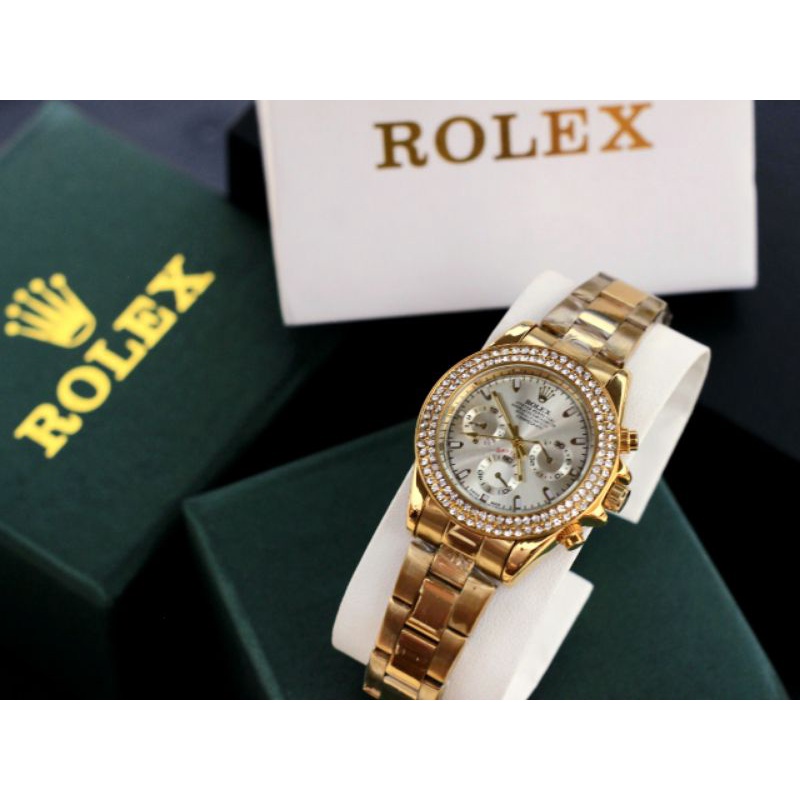 holypopshop paket box exclusive jam tangan rantai wanita / cewek rolex daytona ring permata chrono v