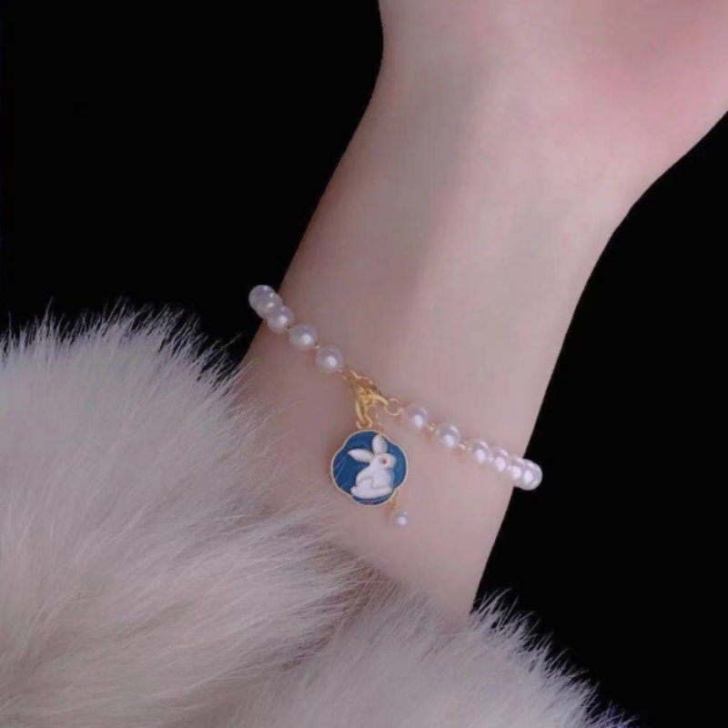 Papaozhu Vintage Berkah Permata Peach Mutiara Manik-Manik Gelang Untuk Wanita Gadis Klasik Kelinci Bulan Keberuntungan Gelang Pergelangan Tangan Rantai Pesta Pernikahan Perhiasan Hadiah