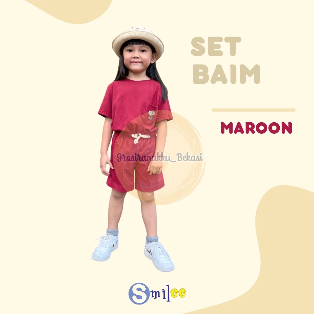 Setelan Anak Unisex Baim Smilee  Warna Maroon Size 1-5 Tahun