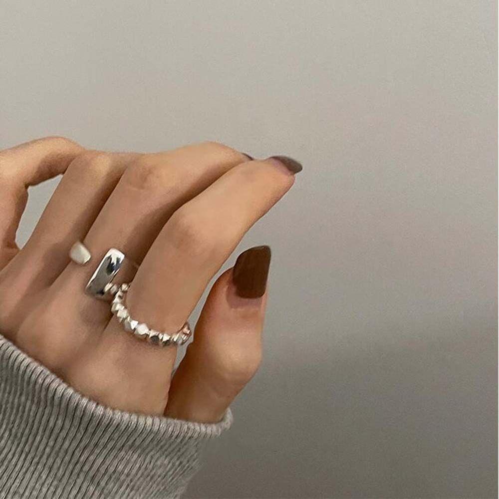 Mxbeauty Wanita Terbuka Cincin Trendi Sederhana Untuk Perempuan Manik-Manik Persegi Retro Hip Hop Jari Perhiasan