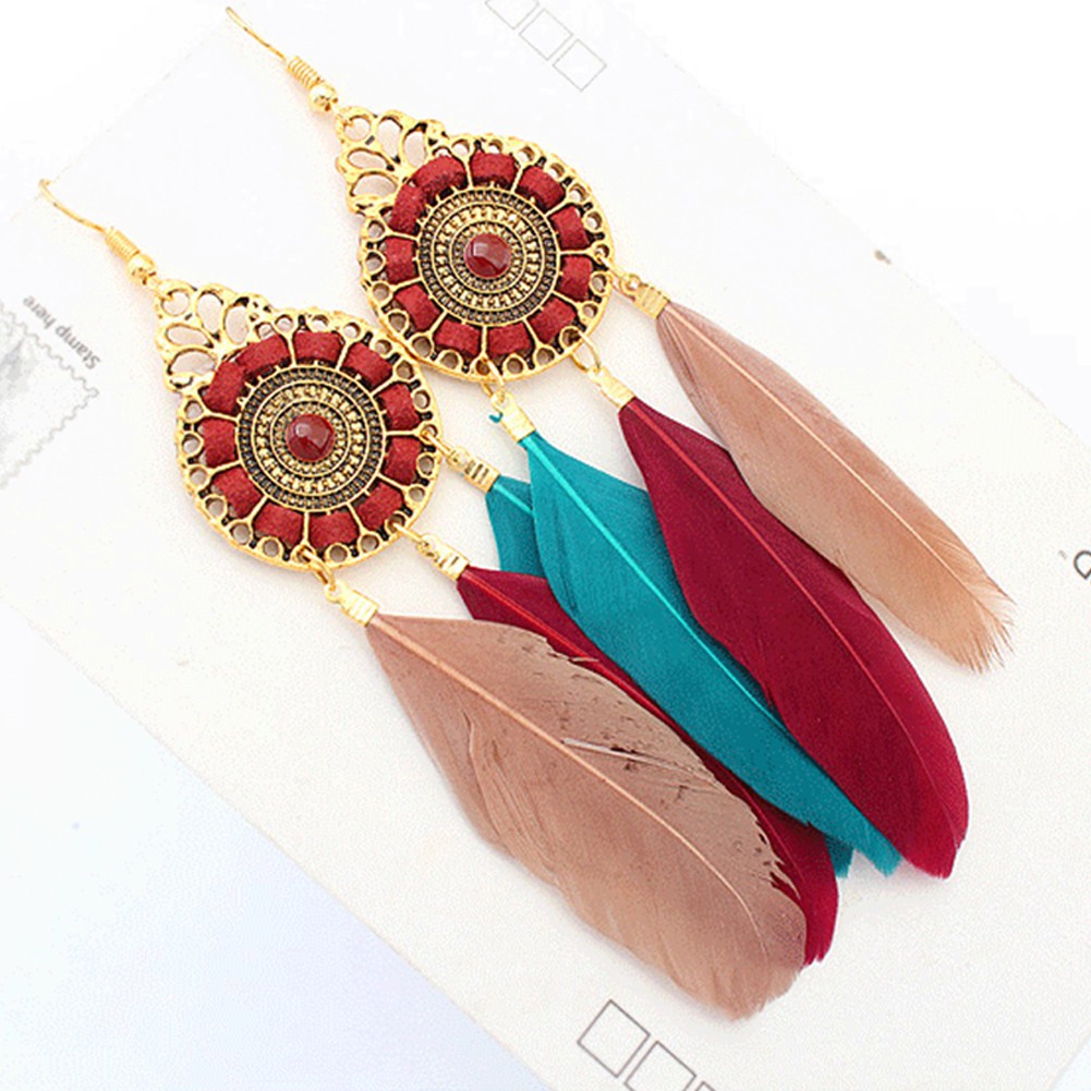 [Bayar Di Tempat]fashionBohemia Panjang Feather ed Round Hook Earrings Menjuntai Charm