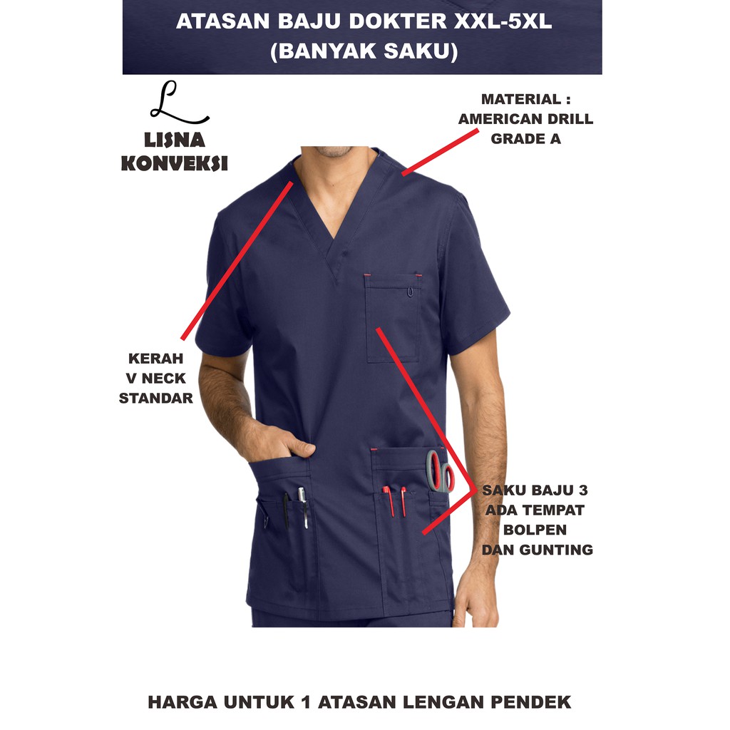 Atasan Baju Jaga DOkter OKA Doctor Scrub APD XXL-5XL (Saku Banyak)