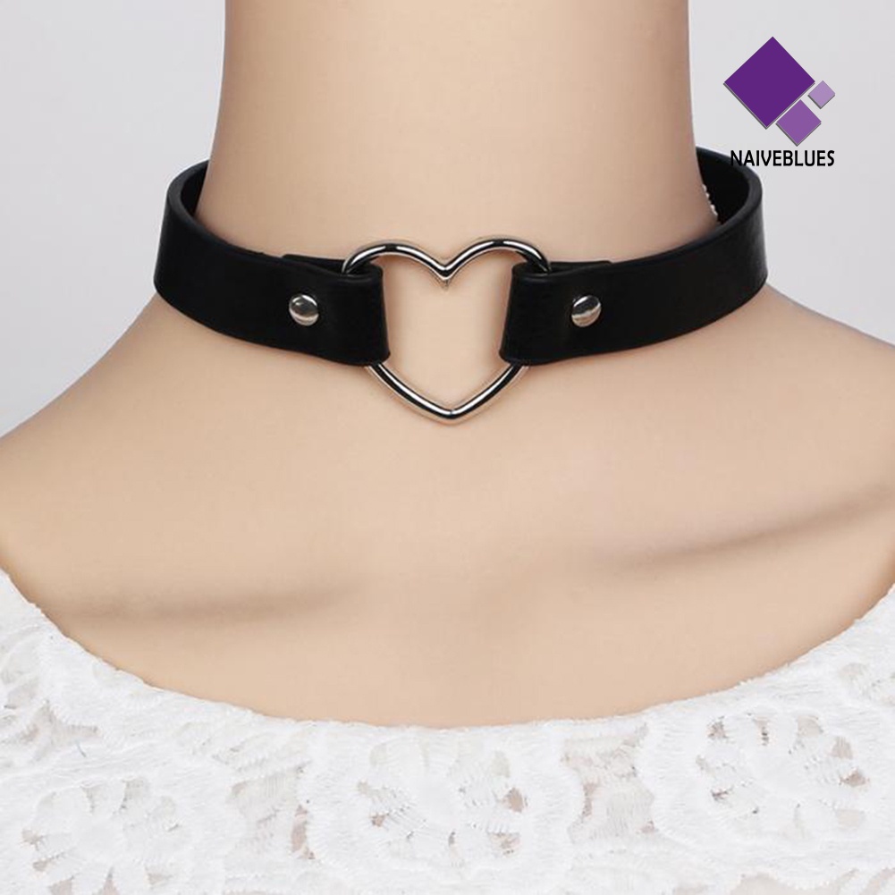 Kalung Bahan Kulit Imitasi Adjustable Bentuk Hati Gaya Punk Untuk Wanita