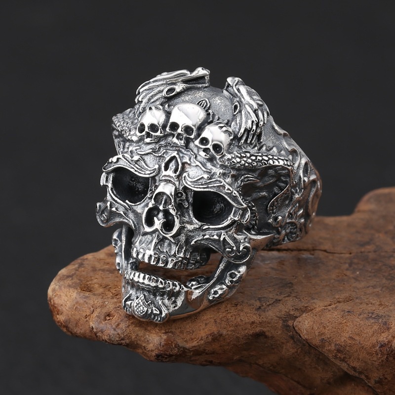 Cincin Model Kepala Naga Tengkorak Terbuka Gaya Vintage Punk Viking Hip Hop Untuk Pria