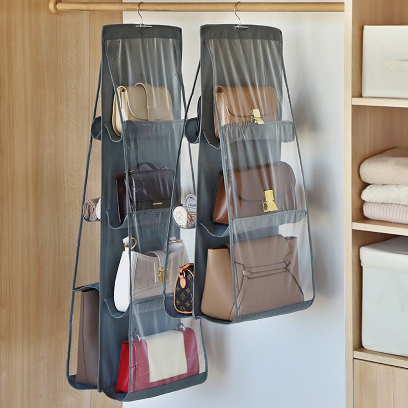 Rak Tas 6 Sekat Gantungan Tempat Penyimpanan Serbaguna Hanging Bag Organizer 6 Pocket Susun Anti Debu Storage Mika Transparant