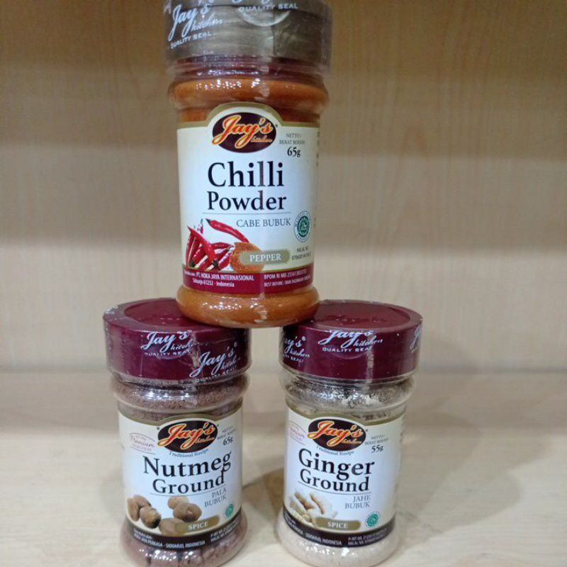 

Jay's chilli powder, nutmeg ground, ginger Halal,