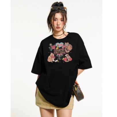 kaos stasan wanita graphic tee oversize lengan pendek printed t-shirt baju wanita hitam