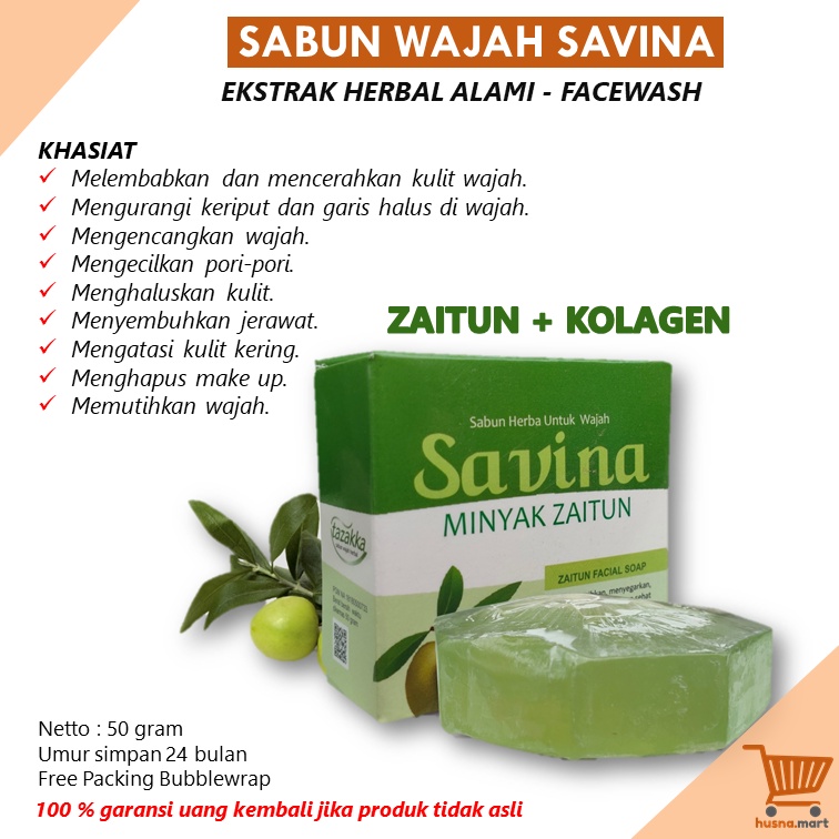 Savina Zaitun Plus Kolagen Sabun Wajah Cuci Muka Pelembab Kulit Herbal Tazakka 50 gr Facial Wash Original