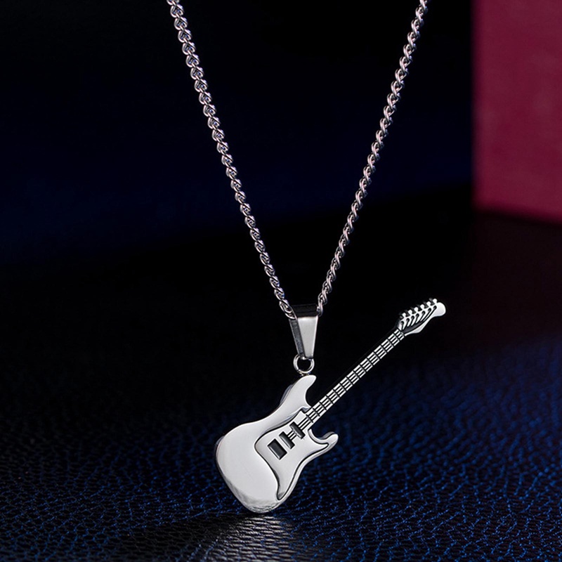 Kalung Rantai Liontin Gitar Musik Rock Warna Emas Hitam Silver Bahan Titanium Steel Untuk Pria Dan Wanita