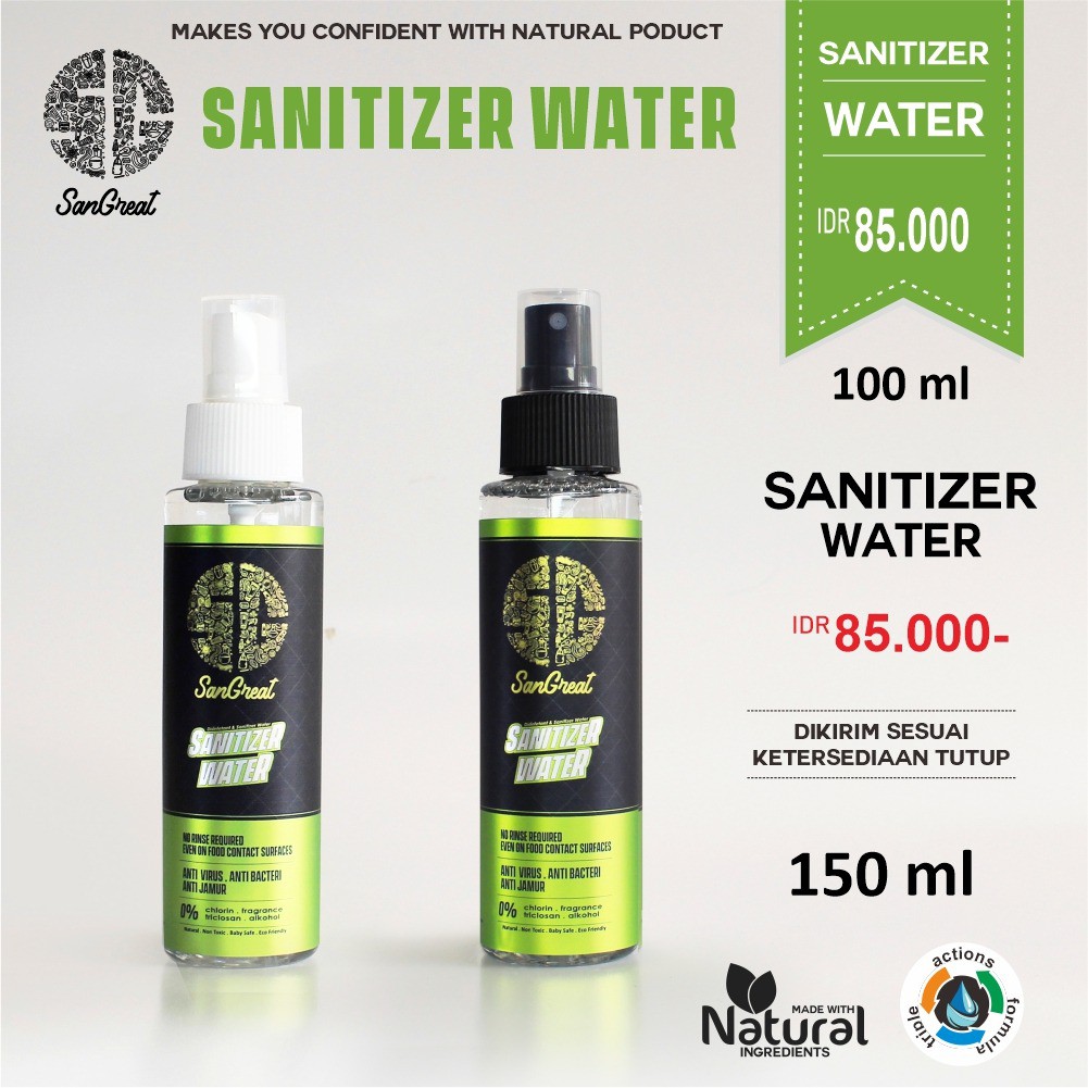 Sanitizer Water Antiseptic Water Non Alkohol dari SanGreat untuk semua jenis permukaan 100 ml