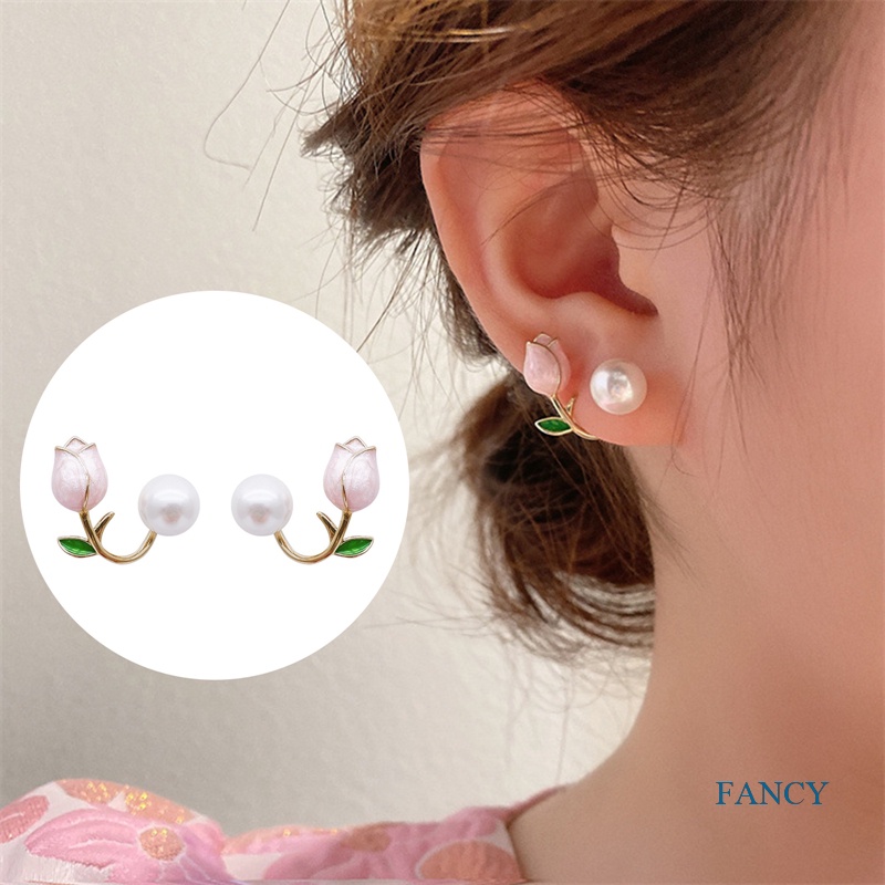 Anting Stud Desain Bunga Tulip Aksen Mutiara Gaya Perancis Untuk Wanita