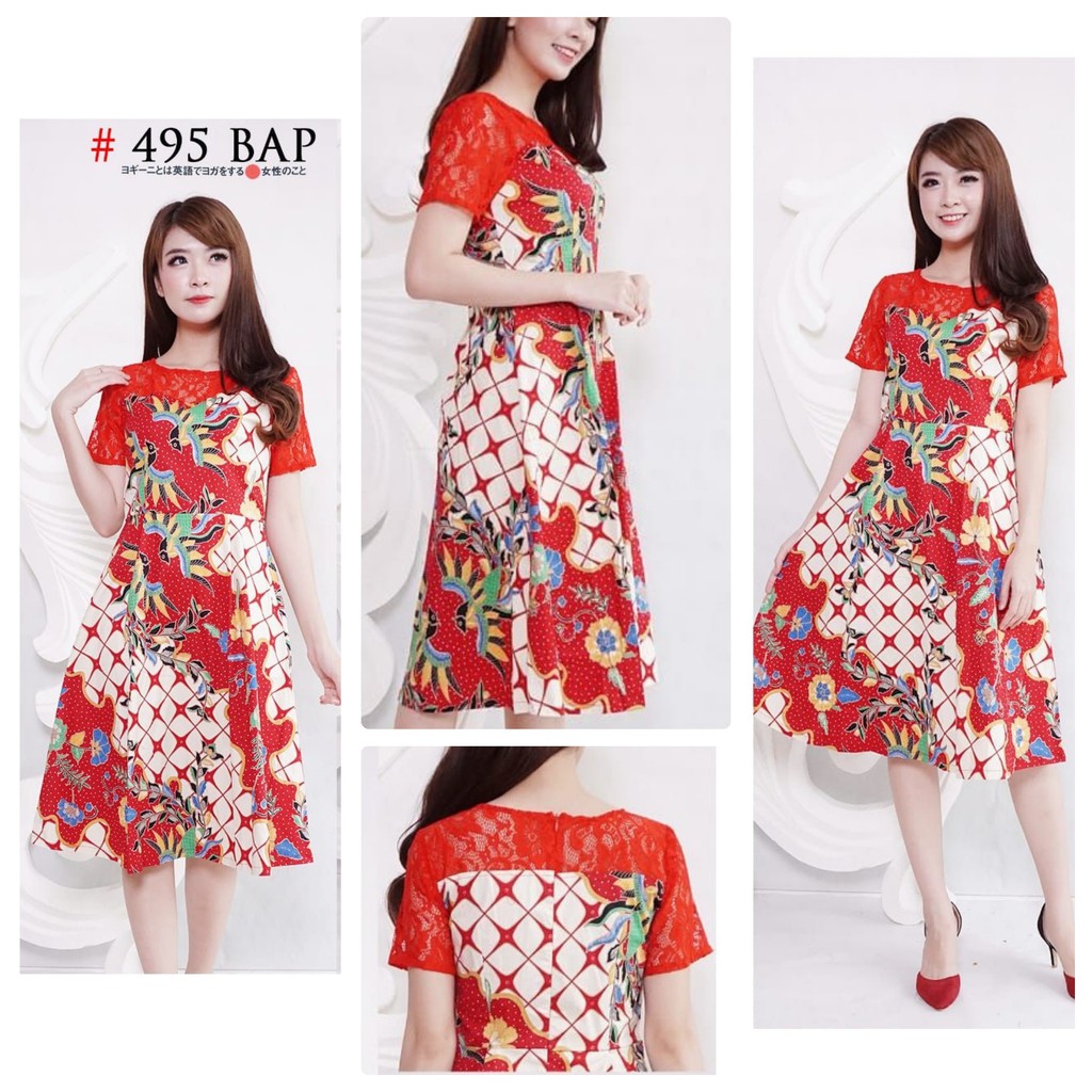 Dress Batik Wanita Brokat Merah Model A-LINE 495 BAP