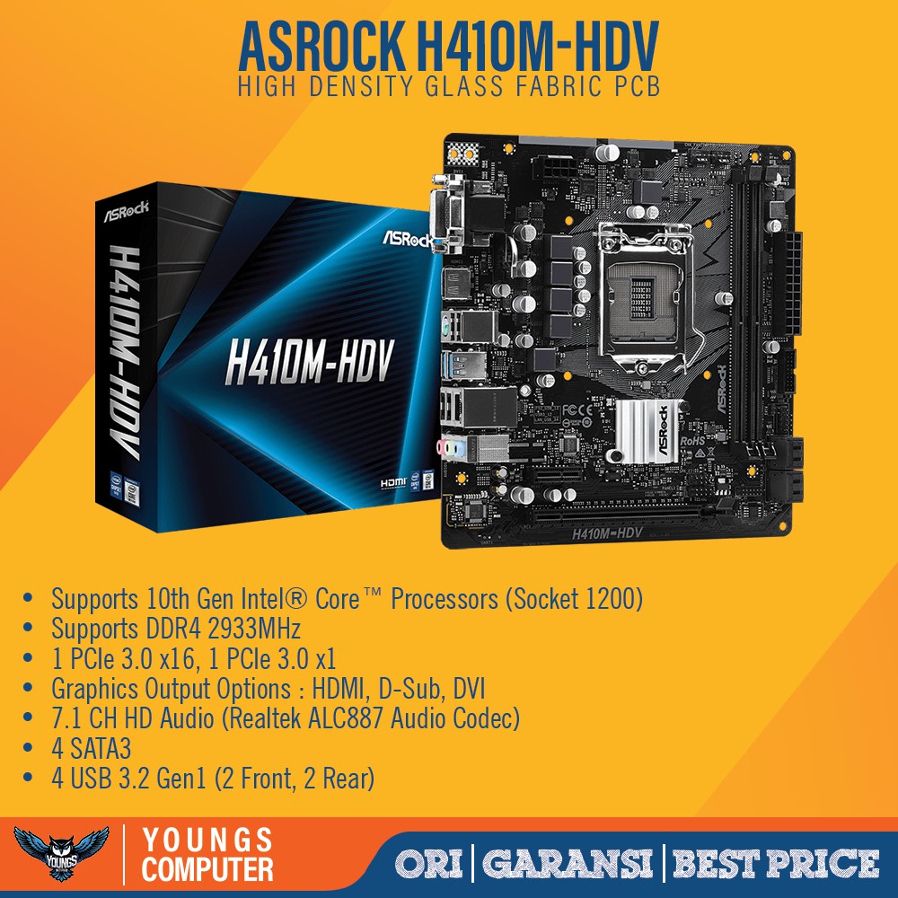 ASROCK H410M-HDV LGA1200 H410 DDR4 USB3.2 SATA3 MOTHERBOARD INTEL