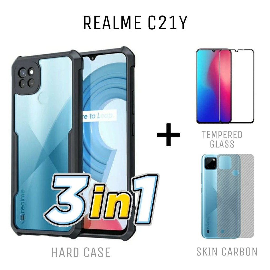 Hard Case REALME C21Y Fusion Shockproof Armor Transparant Free Tempered Glass Layar dan Skin Carbon