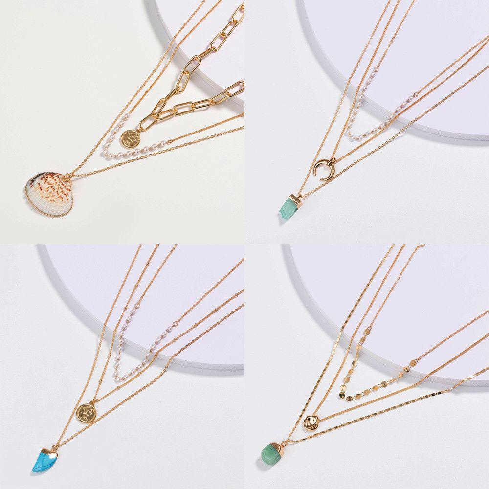 Kalung Choker Rantai Emas Multilayer Aksen Bunga Kristal Untuk Hadiah