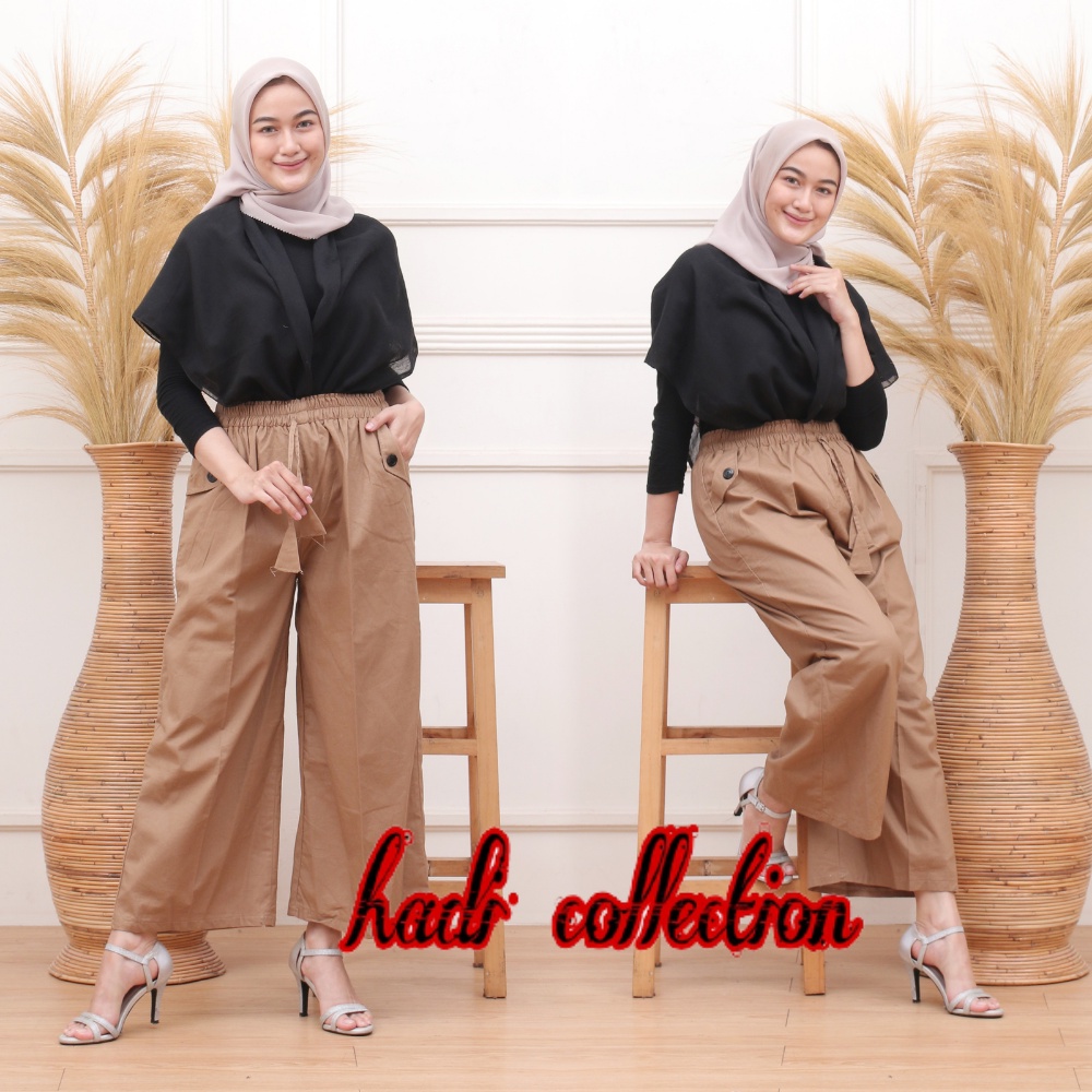 Celana Kulot Linen Rami Highwaist Pinggang Karet Wide Leg Cullote