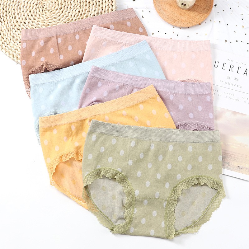 SUNNY FASHION-Celana dalam wanita katun  motif polkadot CD renda gaya jepang