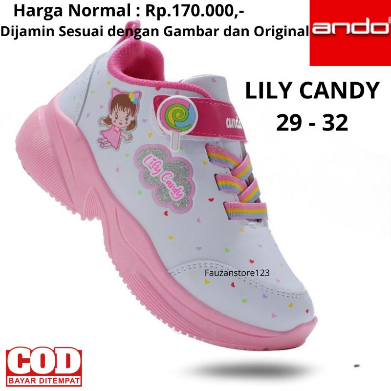 SEPATU ANAK PEREMPUAN ANDO LILY CANDY PEREKAT PUTIH SEKOLAH PAUD TK SD KARAKTER ORIGINAL