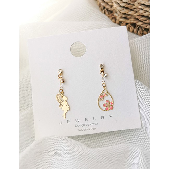 LRC Anting Tusuk Fashion Golden Hollow Pink Flower Elf Earrings D98837