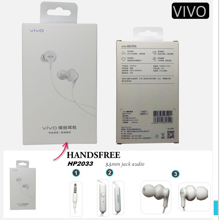 [RO ACC]  HP2033 HEADSET VIVO ORIGINAL JACK 3.5MM UNIVERSAL ALL TIPE HP