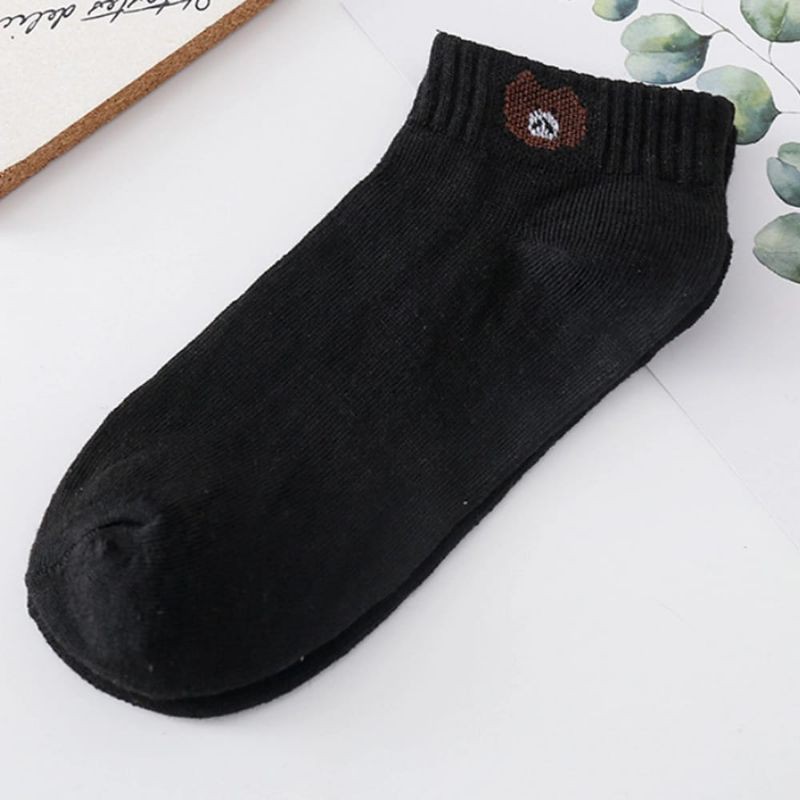 kaos kaki pendek matakaki motif beruang kaos kaki wanita dewasa motif brown/panda bahan lembut termurah-Hitam