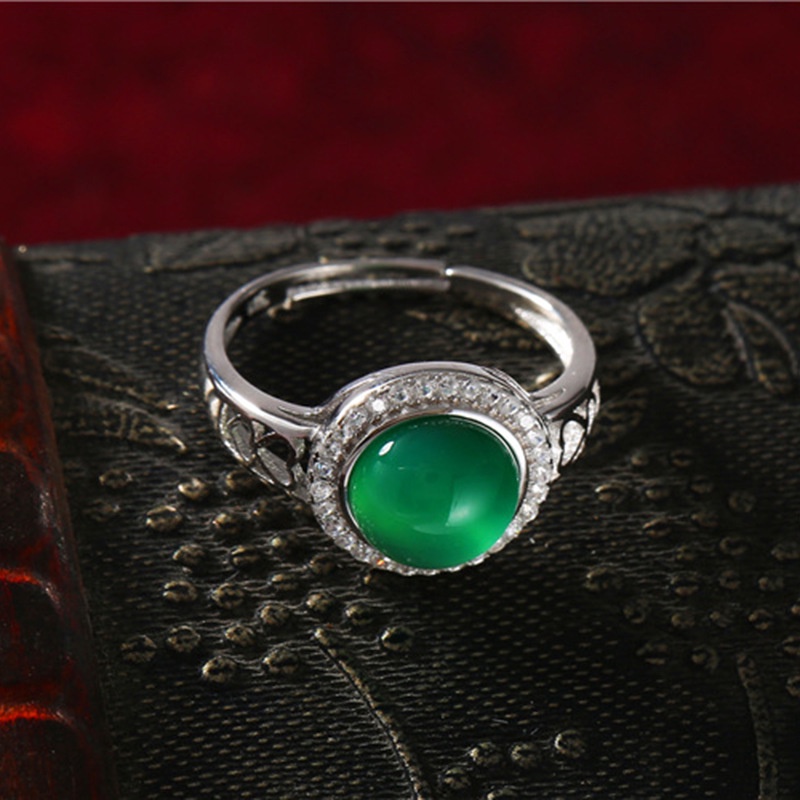 Perak 925 Asli Cincin untuk Wanita Bertatahkan Hijau Chalcedony Batu Permata Cincin Dapat Disesuaikan Vintage Perhiasan