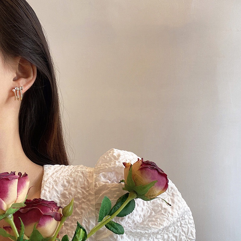 Anting Tusuk Sterling silver 925 Desain Pita Hias Zircon + Mutiara Untuk Wanita