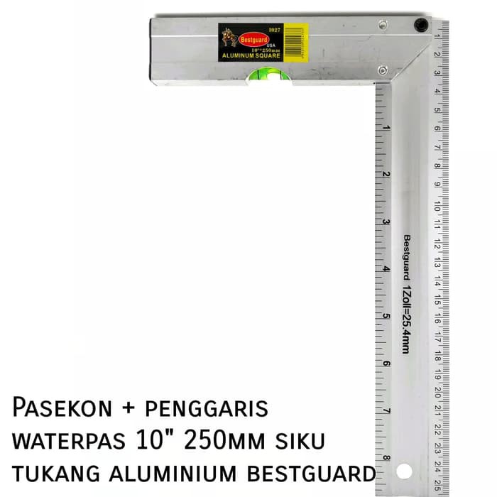 

Pasekon + penggaris waterpas 10" 250mm siku tukang aluminium bestguard