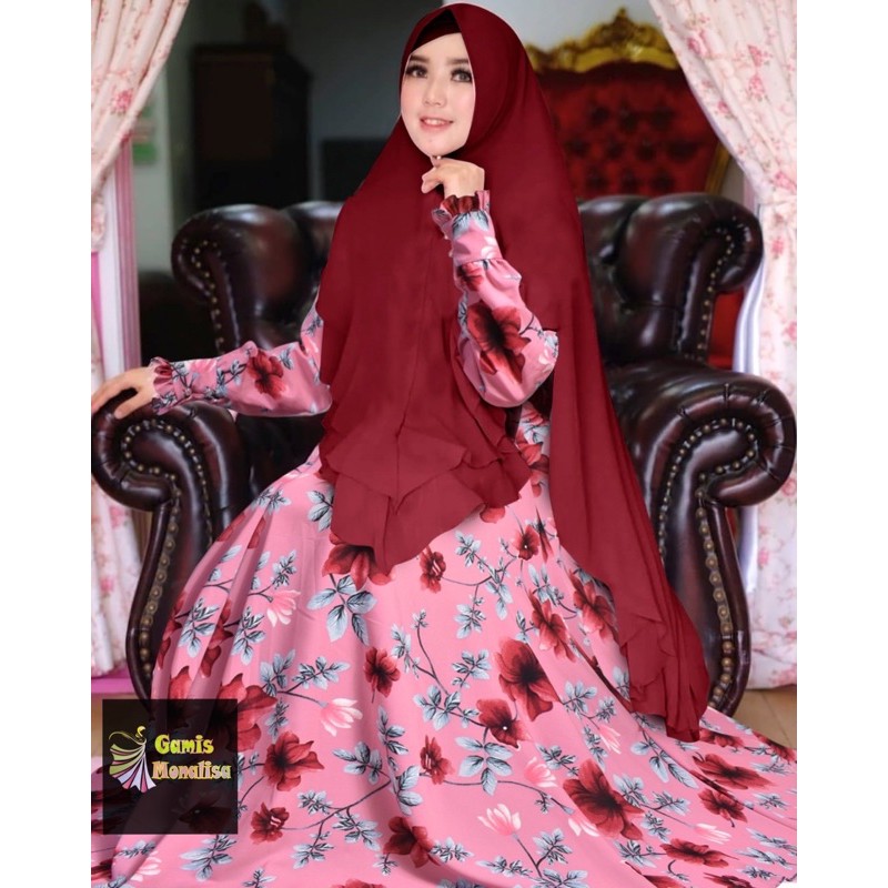 Gamis Monalisa Bunga Pink set Khimar Marun ceruti 2 Layer Murah Syari Lebar Bawah keliling 4 meter