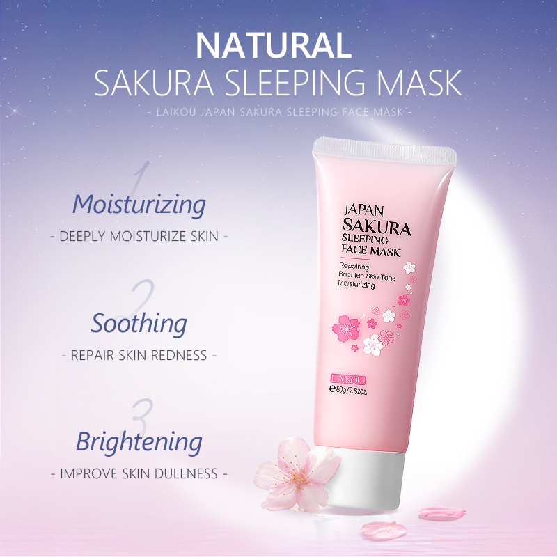 LAIKOU Japan Sakura Facial Sleeping Mask Krim Malam Pelembab Tanpa Bilas 80g