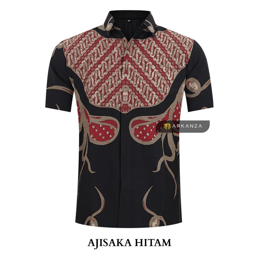 BATIK ARKANZA Motif AJISAKA HITAM Hem Atasan Kemeja Baju Batik Pria Cowok Laki Laki Slimfit Full Lapis Furing Lengan Pendek