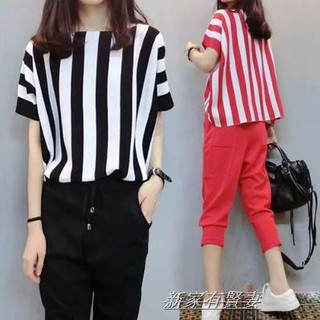 Setelan Blus dan Celana  Gaya Casual Motif Garis untuk 