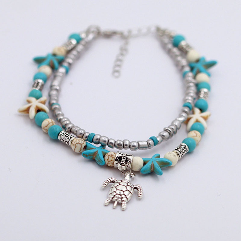 Eropa dan Amerika bead Anklet Ocean style bintang laut pirus turtle liontin double-layer beach Ankle