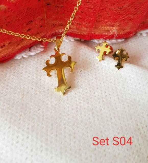 SET Kalung &amp; Anting Salib Titanium Import Antikarat Selamanya