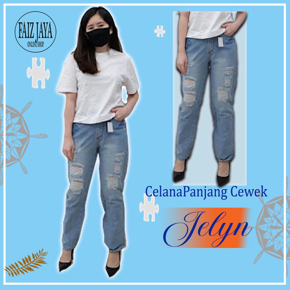 Celana panjang cewek jeans Model sobek-sobek pinggang karet JELYN Real PIC