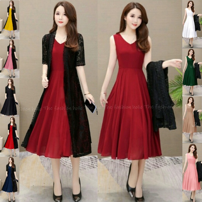 [SET LOVITA VE] setelan wanita dress mosscrepe cardigan brukat varian warna