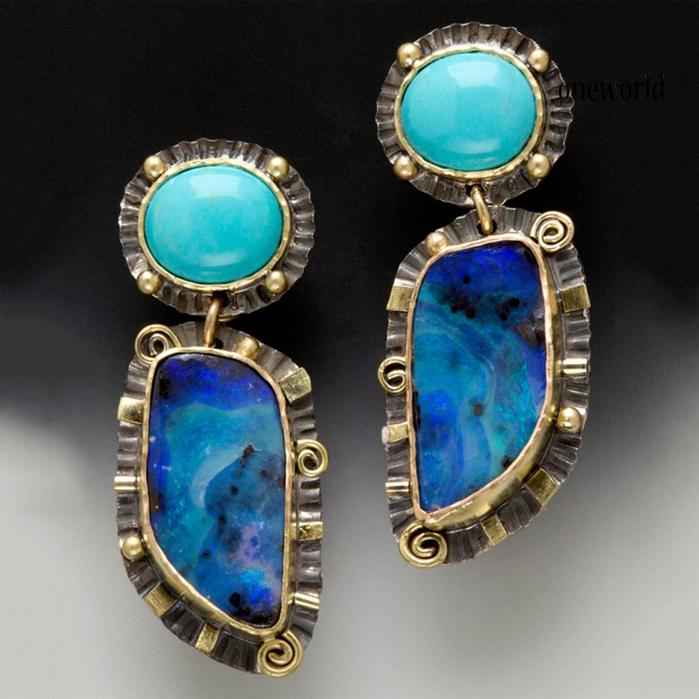 OW# Vintage Women Faux Turquoise Inlaid Geometric Dangle Ear Stud Earrings Jewelry