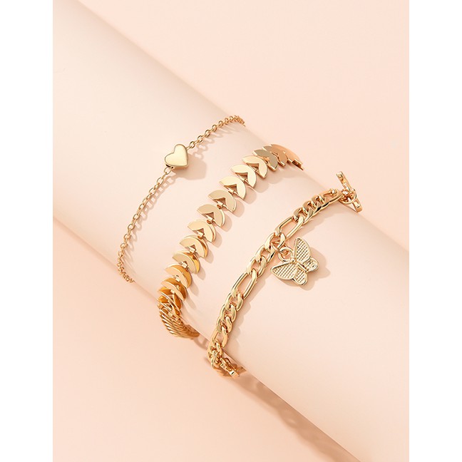 LRC Gelang Fashion Gold Color En Butterfly Love Leaf Alloy Multilayer Anklet K91779