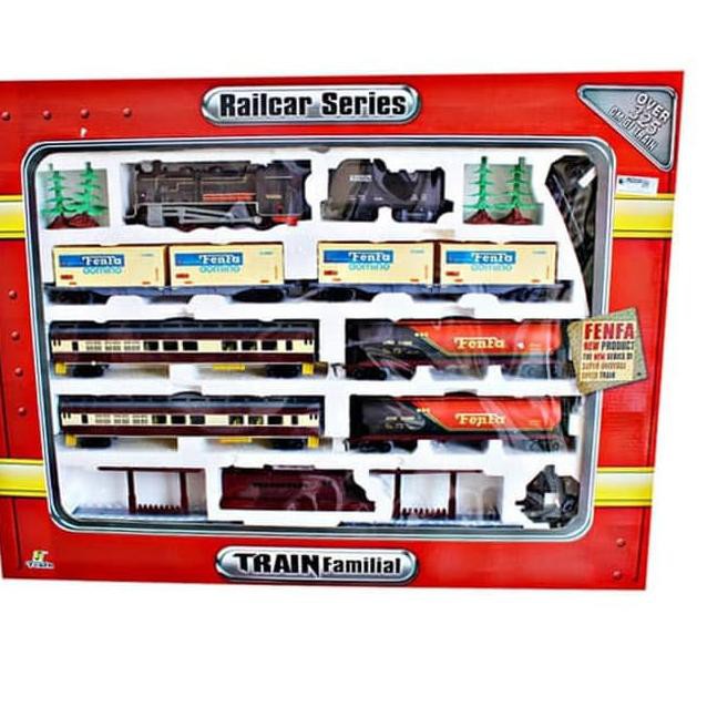 Diskon / Mainan kereta api Rel Lokomotif gerbong bisa gerak jalan miniatur train Fenfa Merah anak la