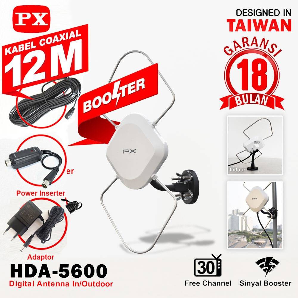 Antena TV Digital Analog PX HDA-5600 Kabel 12M Booster Indoor-Outdoor