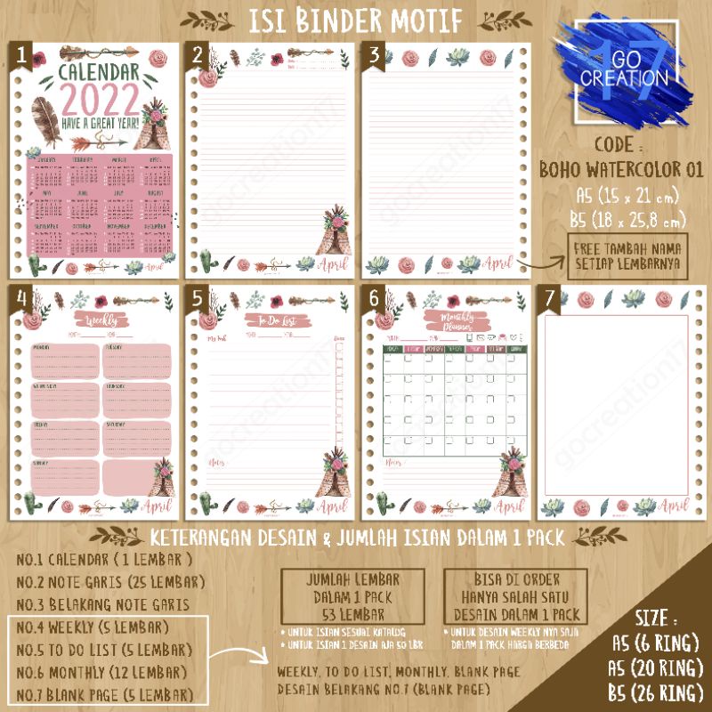 

Buku Planner isi Kertas Binder Motif Boho Watercolor 01 Premium A5 ring 20 dan A5 ring 6