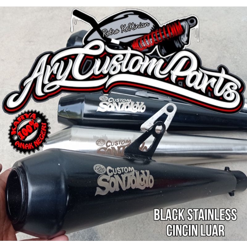 Knalpot custom Stainles w175 japstyle bobber caferacer bratstyle tiger gl pro cb 100 megapro scorpio dll besi arnium-Black stenlis C.luar