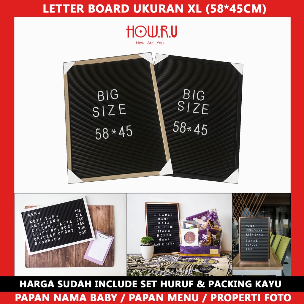 HOW.R.U | XL - Letter Board Sudah Include Huruf / Papan Meeting Kantor / Papan Menu / Properti Foto / Konten Medsos / Dekorasi Rumah Viral 58x45 cm